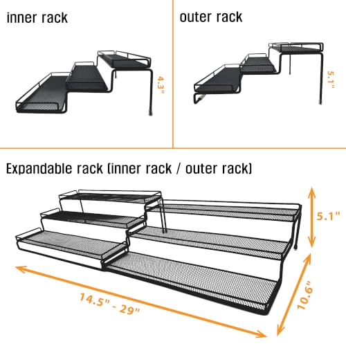 3 Tier Wide Expandable Cabinet Spice Rack Organizer (14.5" to 29.1") - Step Shelf with Protection Railing, Black | Wide, deep expandable spice rack for large spice jars, seasoning bottles, cans, and pantry organization. - color: Large & Wide