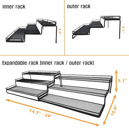 3 Tier Wide Expandable Cabinet Spice Rack Organizer (14.5" to 29.1") - Step Shelf with Protection Railing, Black | Wide, deep expandable spice rack for large spice jars, seasoning bottles, cans, and pantry organization. - color: Large & Wide