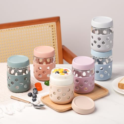 Gemice 6-Pack 16oz Glass Mason Jars with Silicone Sleeves, Airtight BPA-Free Overnight Oats Containers with Lids, Dishwasher Safe Leak-Proof Meal Prep Jars for Chia Pudding, Yogurt, Snacks - color: Retro Pastel, size: 16oz, 6-Pack