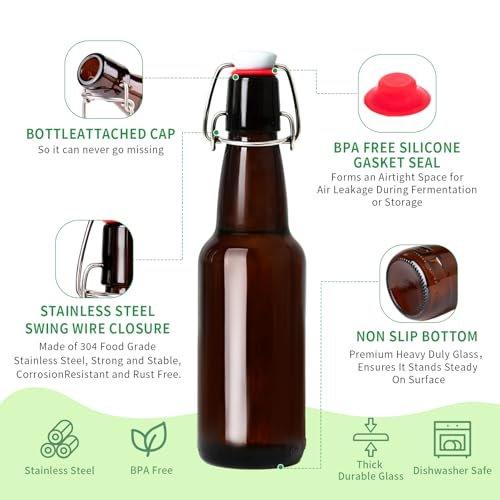 12oz Amber Glass Beer Bottles with Flip Top Airtight Lids, 10 Pack Swinging Top Home Brewing Bottles for Kombucha, Vanilla Extract, Kefir, Juice, Wine, Fermentation