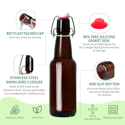 12oz Amber Glass Beer Bottles with Flip Top Airtight Lids, 10 Pack Swinging Top Home Brewing Bottles for Kombucha, Vanilla Extract, Kefir, Juice, Wine, Fermentation