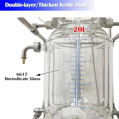 20L Double-Layer Glass Reactor Lab Jacketed Glass Reactor with Digital Display & Stepless Speed Regulation, Chemical Reaction Vessel for Chemical Reaction, Distillation and Synthesis