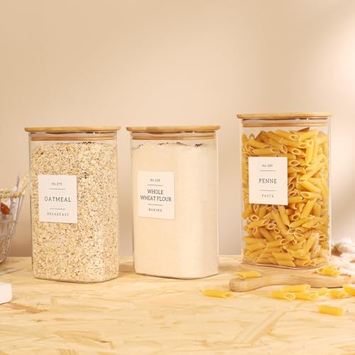 3 Pack Square Glass Pantry Storage Containers with 132 Kitchen Food Pantry Labels - 51 floz Clear Glass Pantry Jars with Airtight Wood Bamboo Lids - Glass Canisters for Candy, Cereal, Coffee, Spice - size: 51oz-3pack