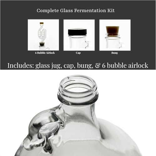 North Mountain Supply - 1G-38-ST-TB-1 1 Gallon Glass Fermenting Jug with Handle, 6.5 Rubber Stopper, Twin Bubble Airlock, Black Plastic Lid (Set of 1)