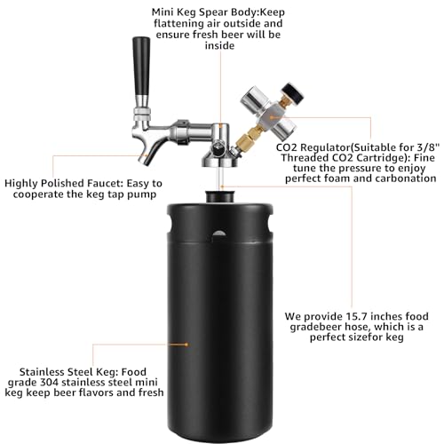 128oz Mini Keg Growler - Mini Beer Keg for Home Bar, Stainless Steel Portable Beer Growler Tap System, Mini Kegerator, Draft Beer Dispenser Beer Gifts For Men and Beer Lovers (Matte Black)