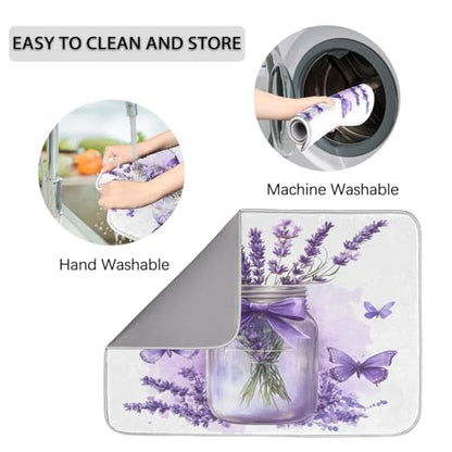 Lavender Mason Jar Dish Drying Mat Kitchen Counter Mats 16" x 18" Microfiber Absorbent Dry Pads for Coffee Bar Non-Slip Dishes Pad - size: 16x18 in