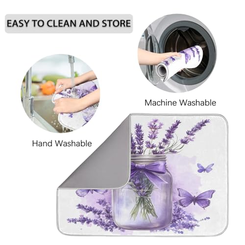 Lavender Mason Jar Dish Drying Mat Kitchen Counter Mats 18" x 24" Microfiber Absorbent Dry Pads for Coffee Bar Non-Slip Dishes Pad - size: 18x24 in