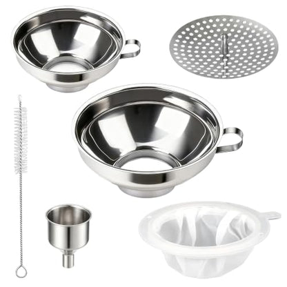Stainless Steel Canning Funnel Set, Wide Mouth Kitchen Funnels with Strainer & Mesh, 5 Pack Canning Supplies for Mason Jars, Bottles, Jam, Liquids and Dry Goods