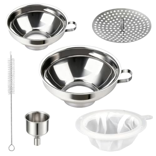 Stainless Steel Canning Funnel Set, Wide Mouth Kitchen Funnels with Strainer & Mesh, 5 Pack Canning Supplies for Mason Jars, Bottles, Jam, Liquids and Dry Goods