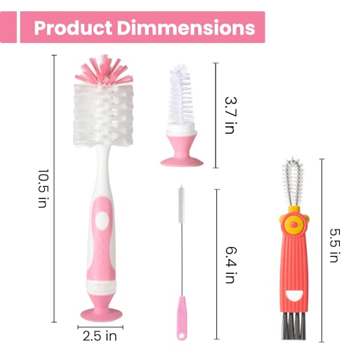 Ariseno 4-in-1 Baby Bottle Brush Set, Including Nylon Bottle Brush, Cap, Straw, Nipple Brushes, BPA-Free (Pink) - color: Pink-nylon