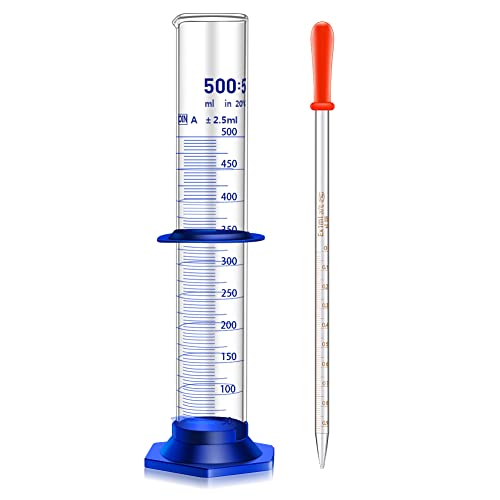 Thick Glass Graduated Cylinder Measuring Liquid Lab Cylinders with Anti-Falling Plastic Base and Bumper Guards and Glass Dropper (Glass, 500ML) - size: 500ML