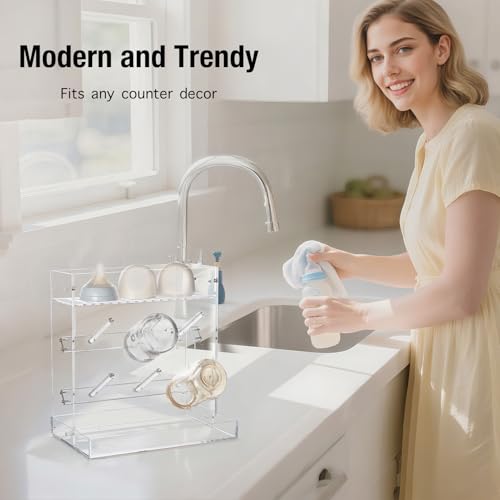 Baby Bottle Drying Rack Space Saving Acrylic Vertical Bottle Dryer Rack with Drip Tray - Clear Kitchen Countertop Storage Organizer–Fast Drying and Easy Cleanup - 10.3 x 6.3 x 10.6 in
