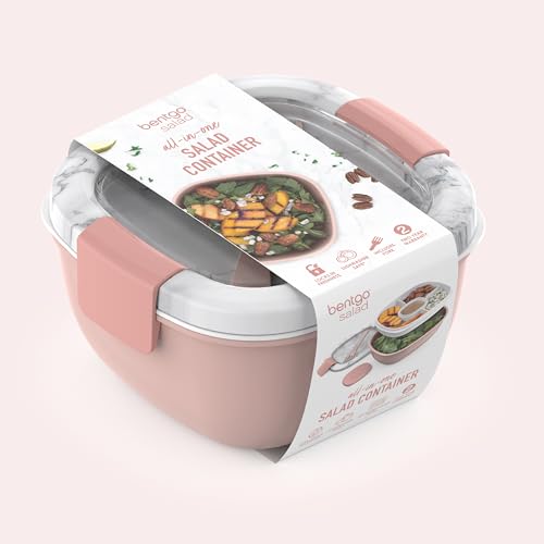 Bentgo Salad Container - 54 oz Bowl with 4-Compartment Toppings Tray, Dressing Container, Reusable Fork, BPA-Free Lunch Box for Meal Prep & Food Storage; Removable Bento Tray (Blush Marble) - color: Blush Marble