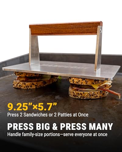 Stainless Steel Bacon Press - 3.2 LB Heavy Cooking Weight, Ideal for Flat Top Grill - Griddle Accessories for Searing Smash Burger, Steak, Sandwich - 9.25 x 5.7 Inches, Flat Bottom, Rectangle - size: 9.25"x5.7"