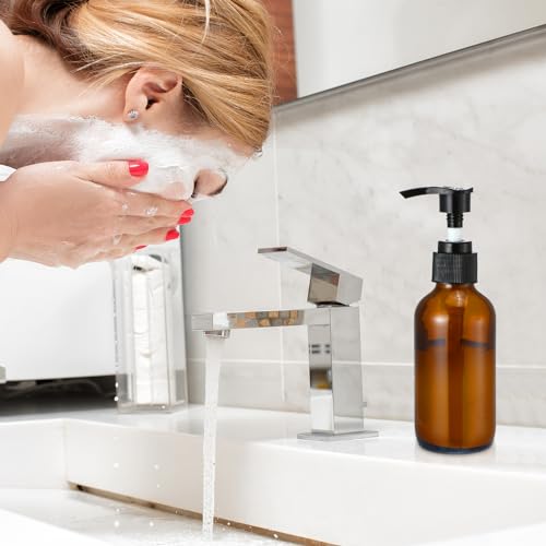Fumete 2 Pack Glass Bottles 4oz Empty Refillable Liquid Containers with 1 Label 1 Funnel for Essential Oils Hair Travel Plants Cleaning Skin Care(Amber, Black Top,Pump Bottle) - color: Amber, Black Top, style: Pump Bottle