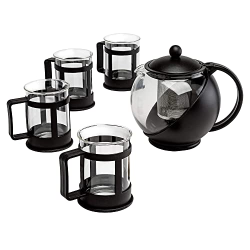 Primula Half Moon Teapot Set with 4 Tea Cups, Removable Stainless Steel Filter and Infuser, Glass Tea Maker, Filter, Dishwasher Safe, 40-Ounce, Tea Gift Set, Tea Set for Service of 4 Adults - color: Black Gift Set