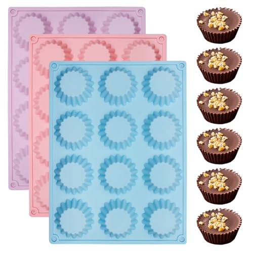 Silicone Peanut Butter Cup Mold 12 Cavity Mini Cupcake Tray | Set of 3, 11.06 x 8.31 in Size, Fluted Cup Shape, Chocolate Candy Mold, 3 Colors Included - color: Mix colors(Silicone Peanut Butter Cup Molds-QY303)