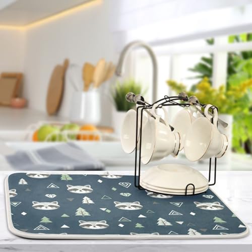 Winter Raccoon Tree Blue Dish Drying Mat for Kitchen Counter Super Absorbent Draining Mat with Non-slip Backed Dish Drying Pad for Countertops Sinks Draining Racks Dish Bottles Cups Bowl