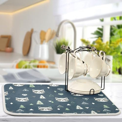 Winter Raccoon Tree Blue Dish Drying Mat for Kitchen Counter Super Absorbent Draining Mat with Non-slip Backed Dish Drying Pad for Countertops Sinks Draining Racks Dish Bottles Cups Bowl