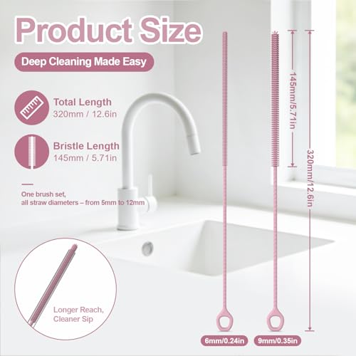 YOTIME Straw Cleaner Brush Extra Long 12.6 inch, 2Pcs Reusable Silicone Straw Brush for Sippy Cup, Water Bottle and Tubes, 6mm+9mm, Pink - color: Pink