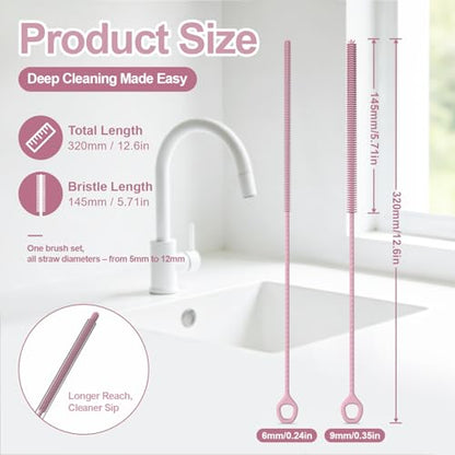YOTIME Straw Cleaner Brush Extra Long 12.6 inch, 2Pcs Reusable Silicone Straw Brush for Sippy Cup, Water Bottle and Tubes, 6mm+9mm, Pink - color: Pink