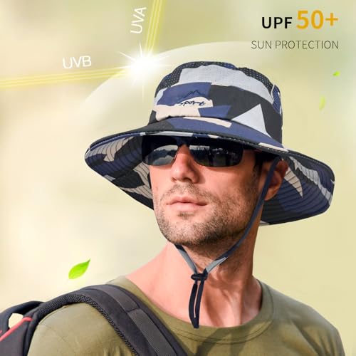 Sun Hats for Men Women Fishing Hat UPF 50+ Breathable Wide Brim Summer UV Protection Hat - color: Camo Beige