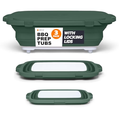 Drip EZ Collapsible BBQ Prep Tubs 3-Piece Set - For Meal Prep Marinating Food Storage - Includes Cutting Board & Lid - (1) JR + (1) OG + (1) XL - Green - color: Green