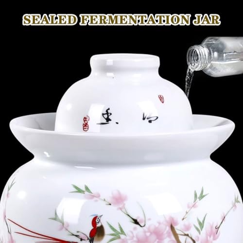 Peach Blossom and Bird Pattern Pickle Jar, Jingdezhen Porcelain with Ink Painting, Double-lid Fermentation Crock, Water-Sealed Ceramic Kimchi Jar(3.5kg/123.4oz) - size: 3.5kg/123.4oz