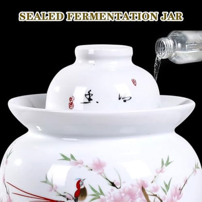 Peach Blossom and Bird Pattern Pickle Jar, Jingdezhen Porcelain with Ink Painting, Double-lid Fermentation Crock, Water-Sealed Ceramic Kimchi Jar(1.75kg/61.7oz) - size: 1.75kg/61.7oz