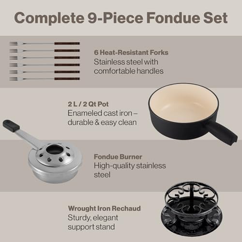 Swissmar Lugano Cast Iron Cheese Fondue Set, 9-Piece, 2 QT / 2 L - Ideal for Melting Cheese, Chocolates, Caramel, & More - Perfect for Kitchen Collection & Gift Giving - Matte Black - color: Black