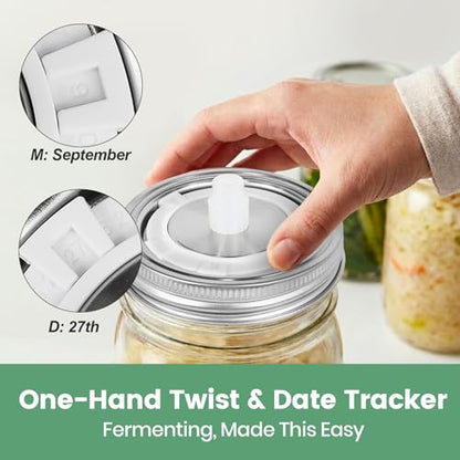 Ugotit Stainless Steel Mason Jar Lids for Wide Mouth Jars, 4 Pack | Self Burping Fermentation Lids with Automatic Waterless Airlock & Date Tracker, Fermenting Kit for Sauerkraut Kimchi Kombucha