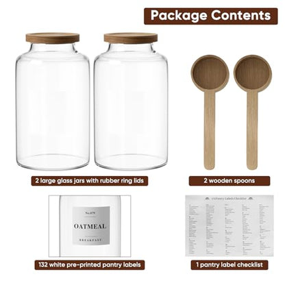 2 PCS Flour Sugar Storage Containers Glass, Large Glass Food Storage Jars with Wood Airtight Lids, 132 Pantry Labels and 2 spoon for Coffee, Flour, Sugar, Spice (98 oz/2800 ml)