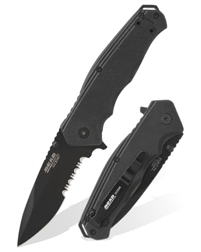BEAR & SON - Manual Drop Point Folding Knife - 2 7/8" 440 Stainless Steel Blade with G10 Handle & Ball Bearing Washers - Men'sTactical EDC Pocket Knife - Sharp Utility Hunting Camping Gear - Serrated