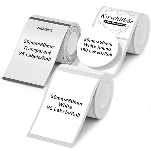 NIIMBOT Thermal Label Tape 3 Rolls, Compatible with B1 B21 B31 Label Maker | Multi-Size Pack, 50x80mm White, 50x80mm Clear, 50x50mm Round | for Address, Jar, Gift, Logo & File Organization Stickers - color: 50x80mm/50x80mm/50x50mm-mix C