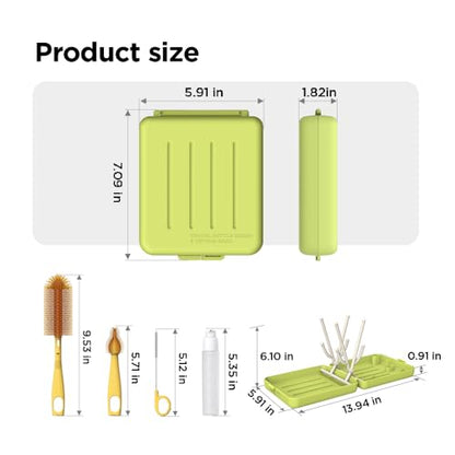 YOTIME Travel Bottle Brush, Travel Bottle Cleaner Kit with Foldable Bottle Drying Rack, for Visit Friends and Relations, Baby Travel Essentials, BPA Free, Green - color: Green