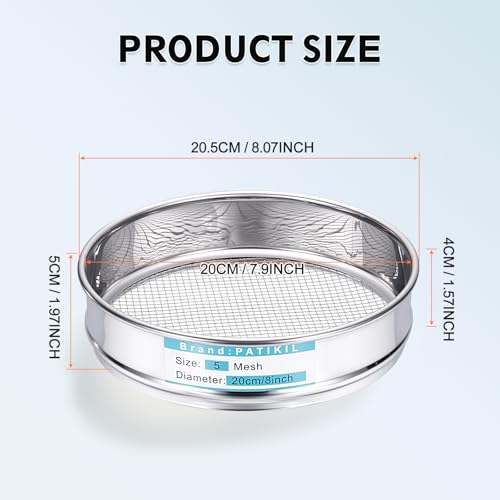 PATIKIL 5 Mesh(4mm) Lab Sieve, 7.9"(20cm) Diameter Sifting Screen 304 Stainless Steel Wire Cloth Fine Mesh Sieve for Industrial Laboratory Home Soil Sifter Dry Sift Screens Hash - size: 5 Mesh(4mm)/7.9"