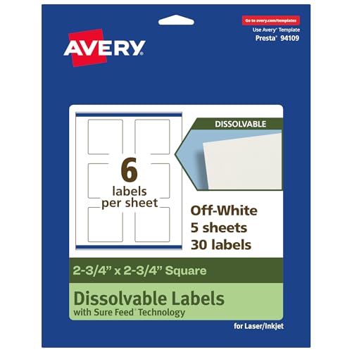 Avery Dissolvable Square Labels, Sure Feed Technology, 2.75" x 2.75", Matte White, Print-to-The-Edge, Laser/Inkjet Printable, 30 Labels Total - style: 30 labels