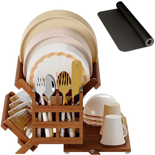 Greenual Teak Dish Drying Rack with Utensil Holder, 3 Tier Collapsible Dish Rack, Wooden Dish Racks for Kitchen Counter, Large Folding Drying Holder with Absorbent Dish Drying Mat - color: Teak, size: 3-Tier+Dish Drying Mat