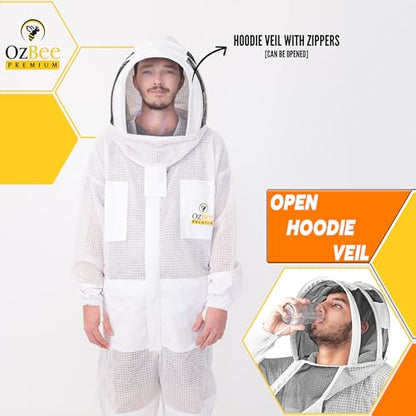OZBEE 3 Layer Ventilated Beekeeping Suit with Fencing & Round Veil, Goatskin Leather Gloves, Protective Bee Suit - size: X-Large