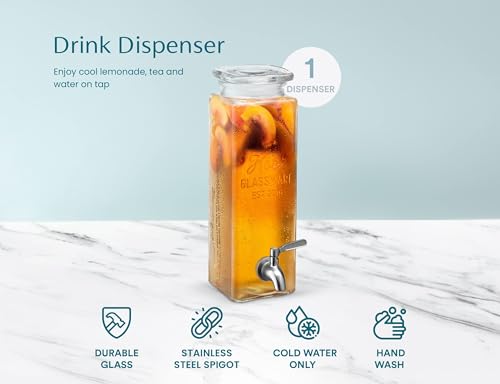 Kook Drink Dispenser, 80 oz, Water Dispenser Countertop, Glass Drink Dispenser, Beverage dispenser, with Leak-Proof Spigot, Clear Rectangular Jar, Storage for Party, Fridge, for Water, Iced Tea - size: Pack of 1