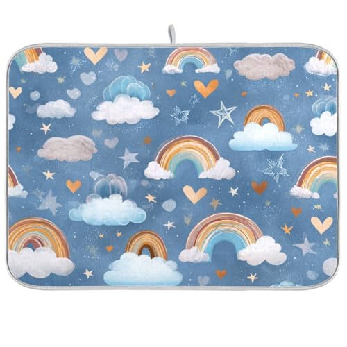 Dish Drying Mat for Kitchen Counter Dish Mat Dish Drainer Mats Kitchen Drying Mat Pad Microfiber Absorbent Reversible 18x24 Inch Blue Cute Rainbow Hearts Clouds Stars - color: Blue Cute Rainbow Hearts Clouds Stars, size: 24" x 18"