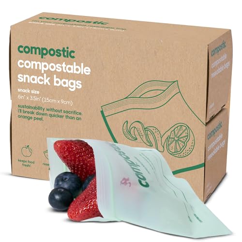 Compostic Compostable Snack Bags, Snack Size (90 + 10 Count) Everyday Essential — Resealable Zip-Seal, Plant-Based, Home Compostable, Freezer Safe, BPA-Free, Non-Toxic, GMO-Free Food Storage Bags - size: 90 Count, style: Snack