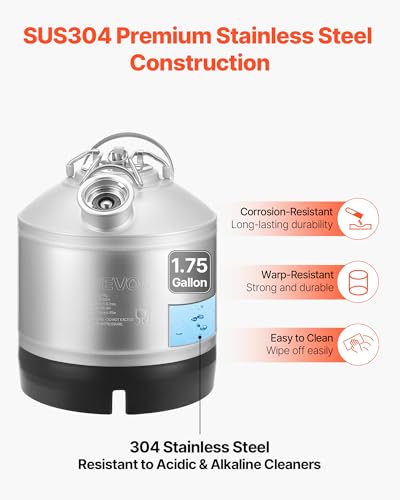 VEVOR Cleaning Keg, 1.75 Gallon/6.5L Keg Line Cleaning Kit with D Coupler Connection & Rubber Base, Beer Lines Cleaner Used for Beer Line Cleaning, 304Stainless Steel Kegerator Beers Lines Cleaner Kit - size: 1.75 Gal
