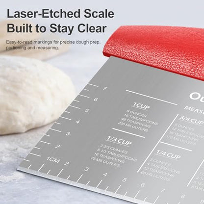 Ourokhome 2 Pack Bench Scraper Dough Cutter, Stainless Steel Dough Scraper with Laser-Etched Scale, Conversion Chart, Non-Slip Handle, Dishwasher Safe for Bread & Pastry, Red - color: Red