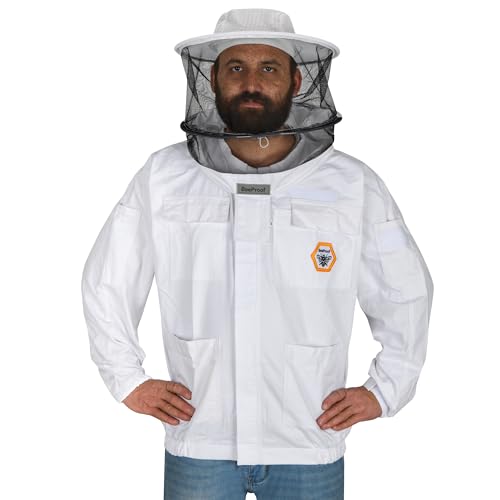 Beekeeping Jacket with Round Veil - Breathable Cotton Beekeeper Suit with YKK Zippers & Protective Hood (BP-102-White)-M - color: White Round Veil, size: Medium