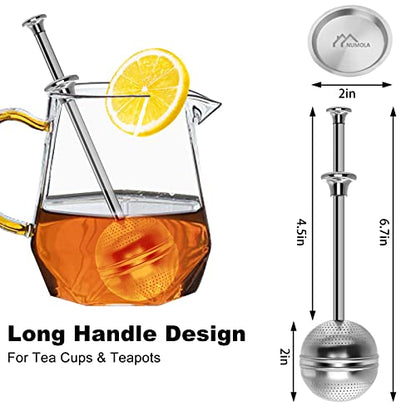 Numola Long Handle Tea Ball Stainless Steel with Drip Trays, 4Pcs Premium Tea Infuser Filter for Loose Leaf Tea, Reusable Fine Mesh Tea Interval Diffuser Strainer for Cup and Teapot - style: Long Handle Tea Ball x 4