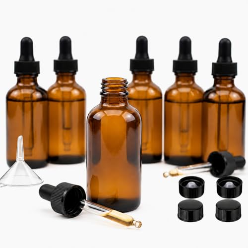 Hushee 6 Pack 4 oz Amber Glass Dropper Bottles for Essential Oils with Measured Eye Dropper, 6 Black Caps, 1 Funnel for Personal Care, Tincture Bottles Leakproof Travel Bottle Lab Chemicals Perfumes