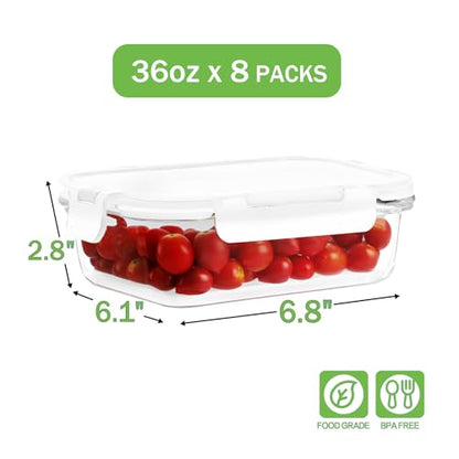 8 Pack 36oz Large Glass Meal Prep Containers with lids, Glass Food Storage Containers with Leak Proof Snap Lock Lids , Airtight Bento lunch Boxes, Kitchen Storage, Oven and Dishwasher Safe-White - color: White