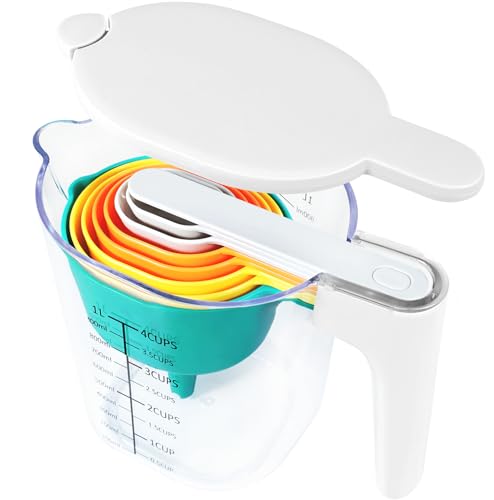 Stackable 10-Piece Measuring Cups and Spoons Set with White Lids | Kitchen gadgets for cooking & baking. Includes 10 stackable cups & spoons. Dishwasher-safe. For liquid & dry, multicolor - color: 10 Piece - Yellow and White