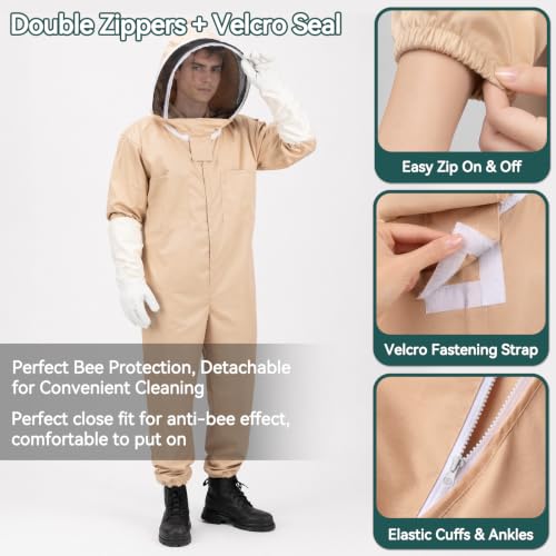 Bee Suit for Men Women, Full Body Sting Proof Beekeeping Suit | Detachable Protective Round Veil & Gloves, Size XL Fits 5'9''-6'1'', Ideal for Apiary Backyard Beekeeping Beginners, Beige - size: XL